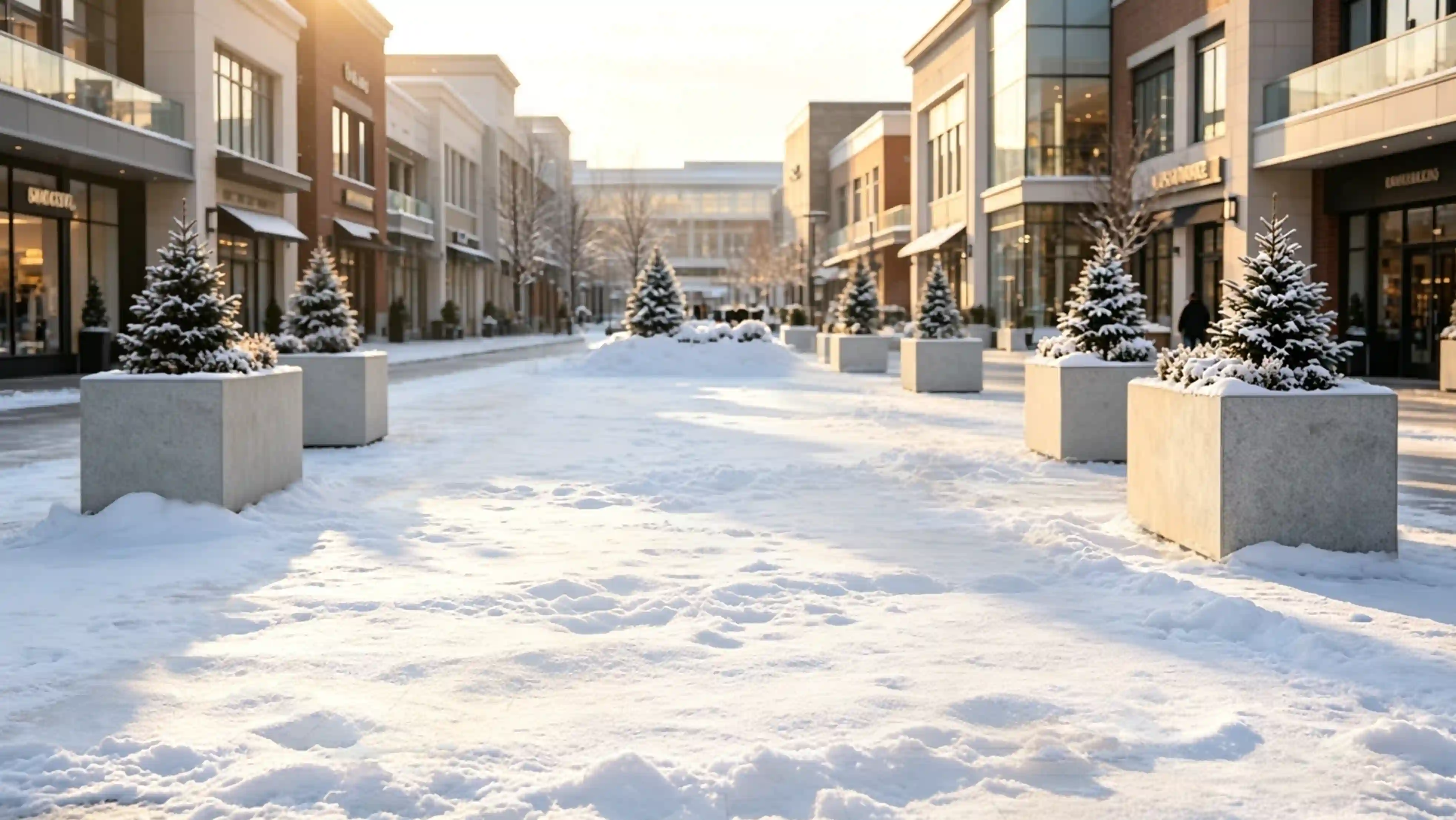 Commercial GRC planters installed in a snow-covered public landscape